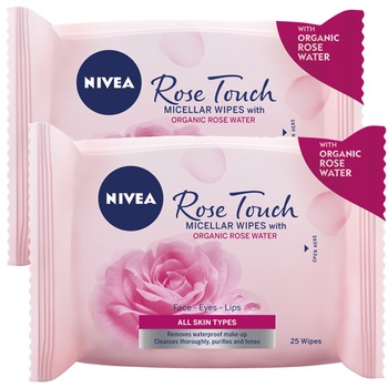 Pachet Promo: Servetele demachiante micelare Nivea Micellair Rose Water, 2 buc x 25 servetele Pachet Promo: Servetele demachiante micelare Nivea Micellair Rose Water, 2 buc x 25 servetele