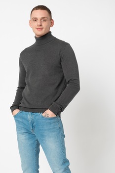 Esprit, Pulover din bumbac organic cu guler inalt, Gri inchis Esprit, Pulover din bumbac organic cu guler inalt, Gri inchis