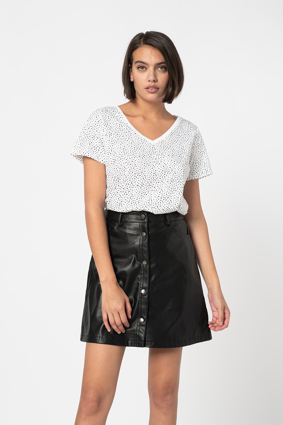EDC by Esprit, Tricou de bumbac organic cu decolteu in V, Alb/Negru