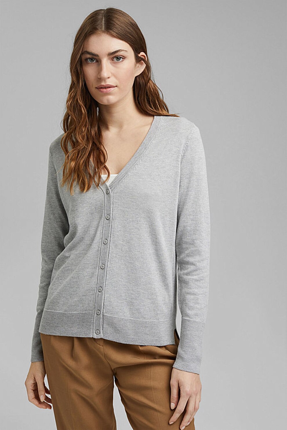 Esprit, Cardigan din amestec de bumbac organic, cu decolteu in V, Gri