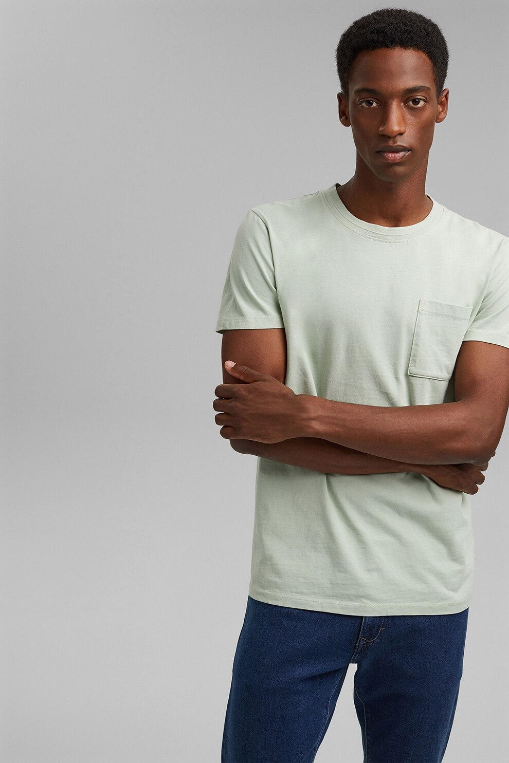 Esprit, Tricou din bumbac organic cu buzunar pe piept, Verde pal