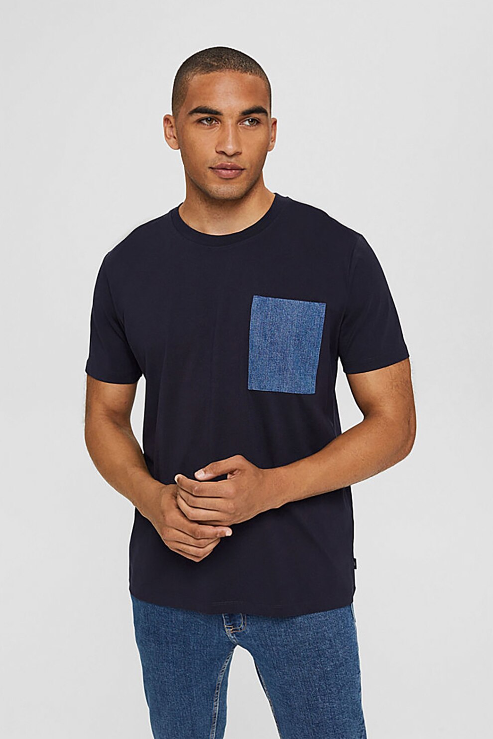 EDC by Esprit, Tricou de bumbac organic cu buzunar din denim, Bleumarin