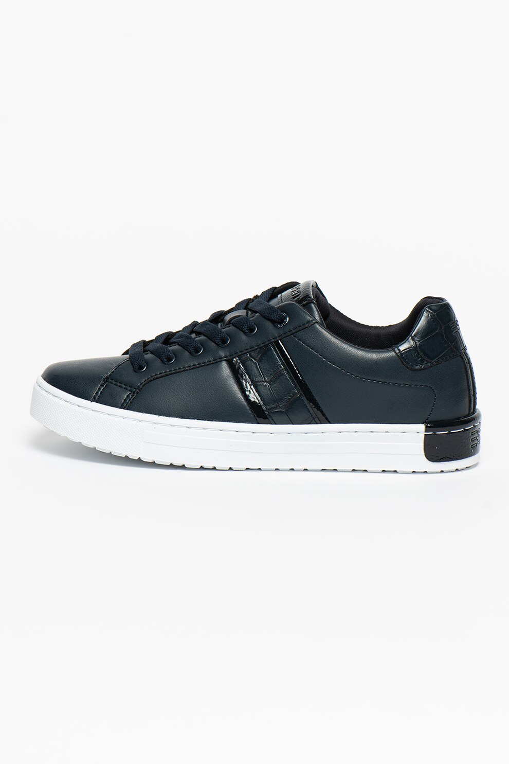 Esprit, Pantofi sport de piele ecologica cu detalii cu model piele de reptila, Bleumarin/Negru