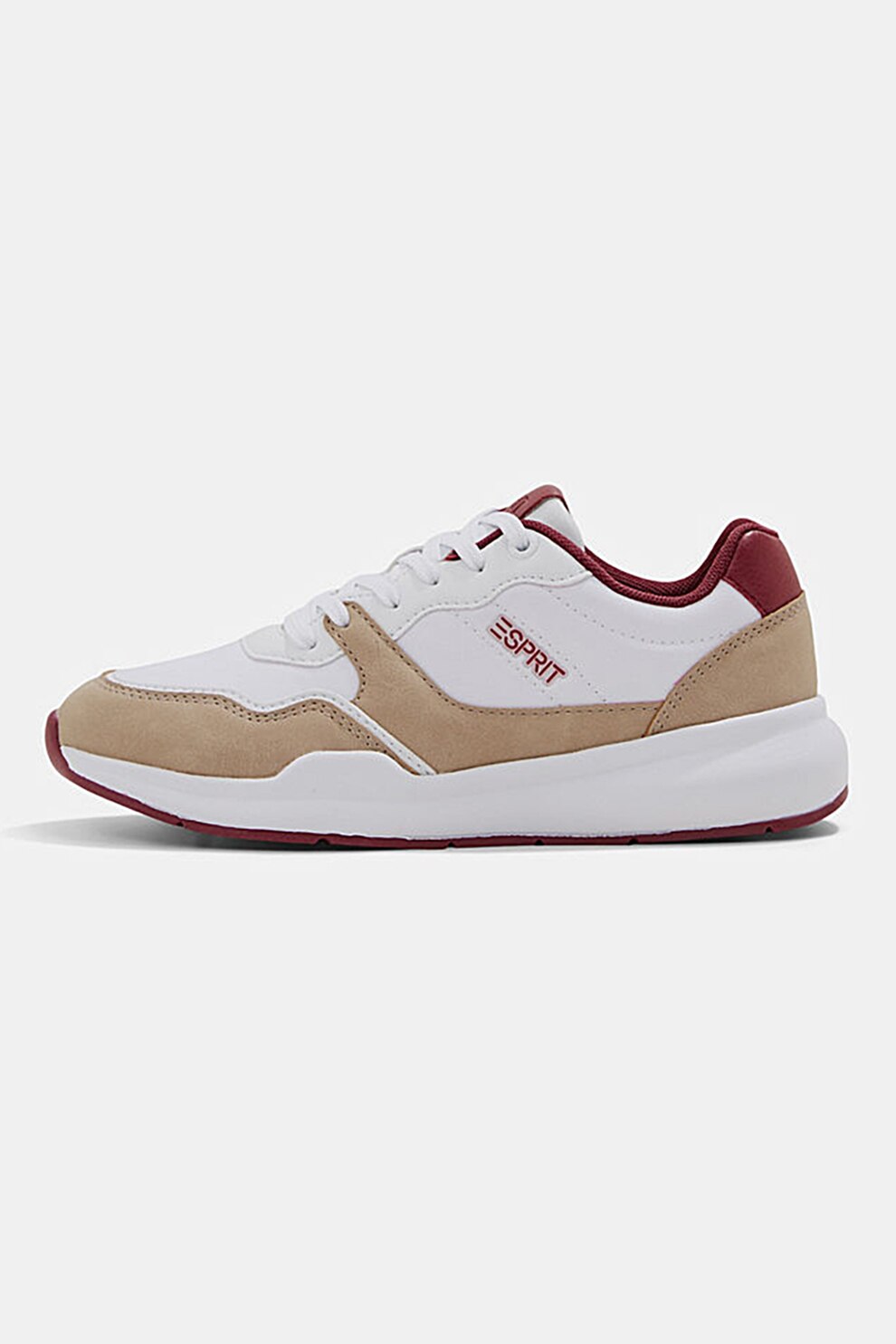 Esprit, Pantofi sport de piele ecologica cu detalii contrastante, Alb/Maro camel