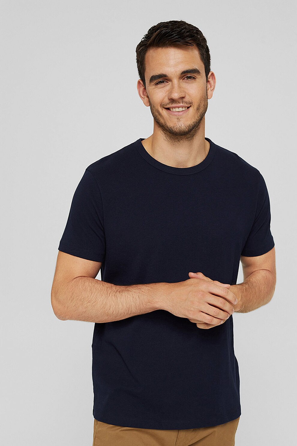 Esprit, Tricou de bumbac organic cu decolteu la baza gatului, Bleumarin inchis