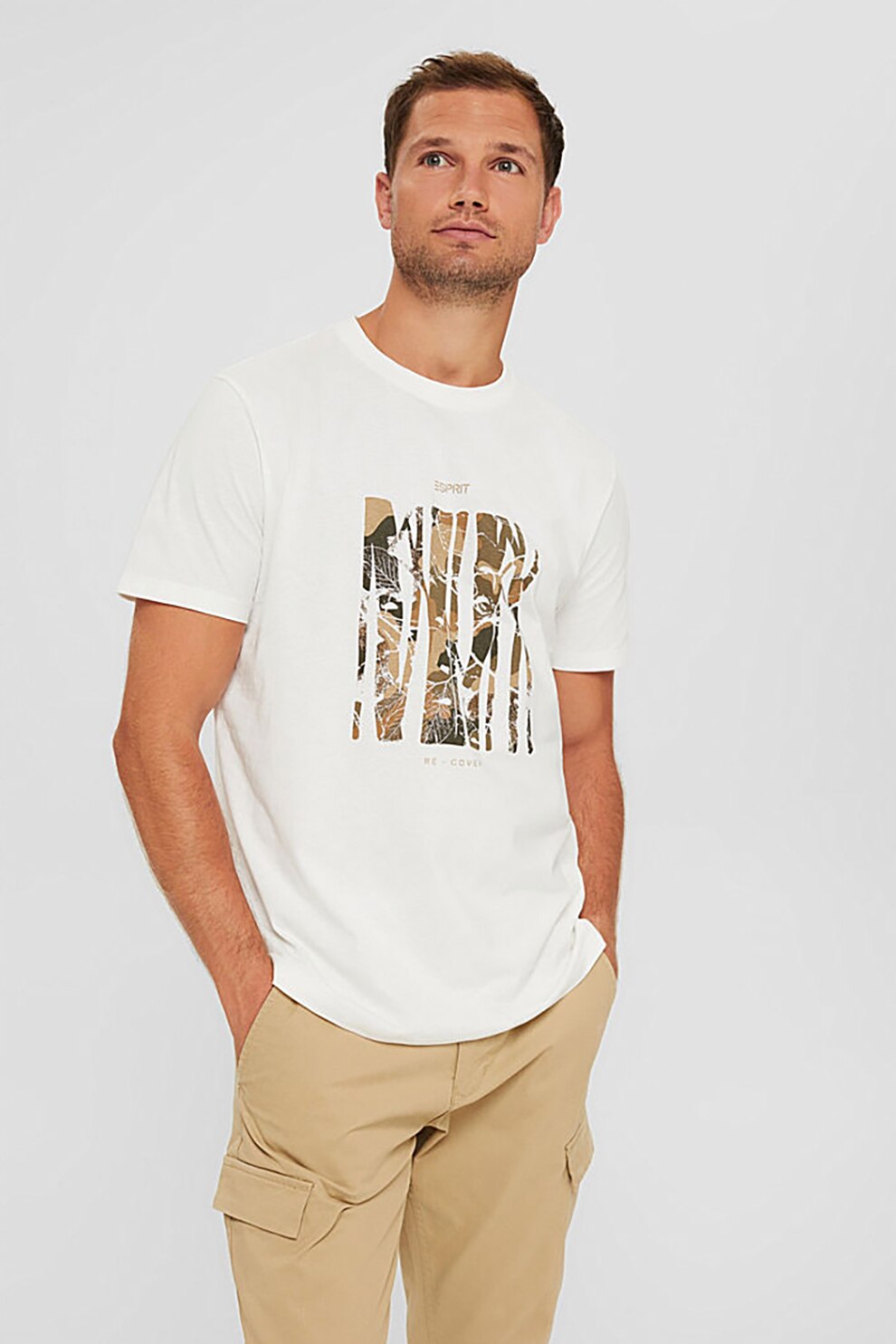 Esprit, Tricou de bumbac cu imprimeu camuflaj, Alb/Maro, M