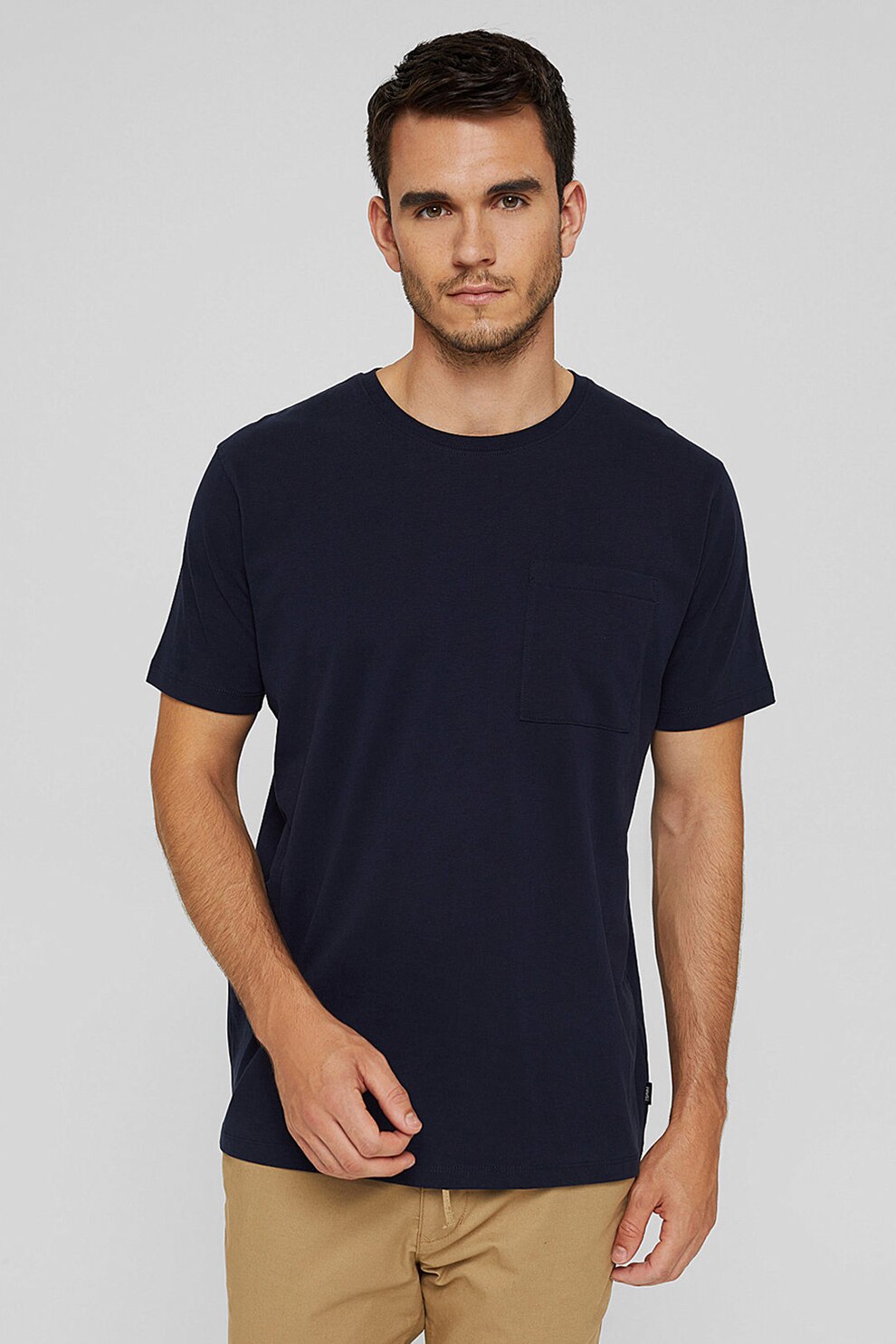 Esprit, Tricou de bumbac organic cu buzunar pe piept, Bleumarin inchis