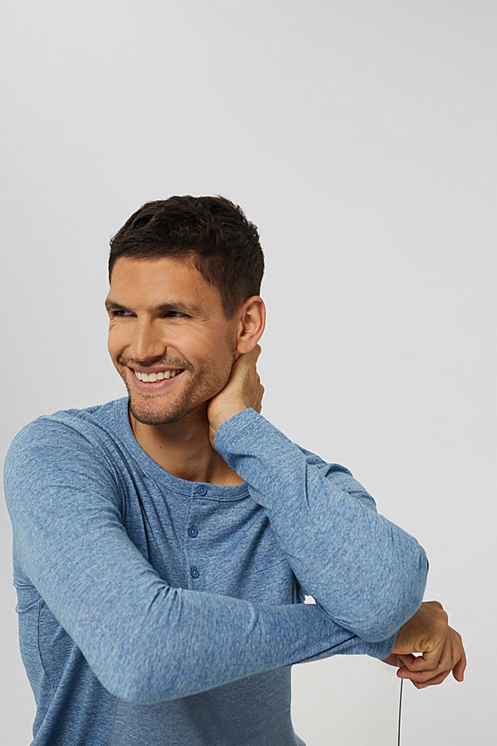 Esprit, Bluza de bumbac cu decolteu Henley, Albastru azur