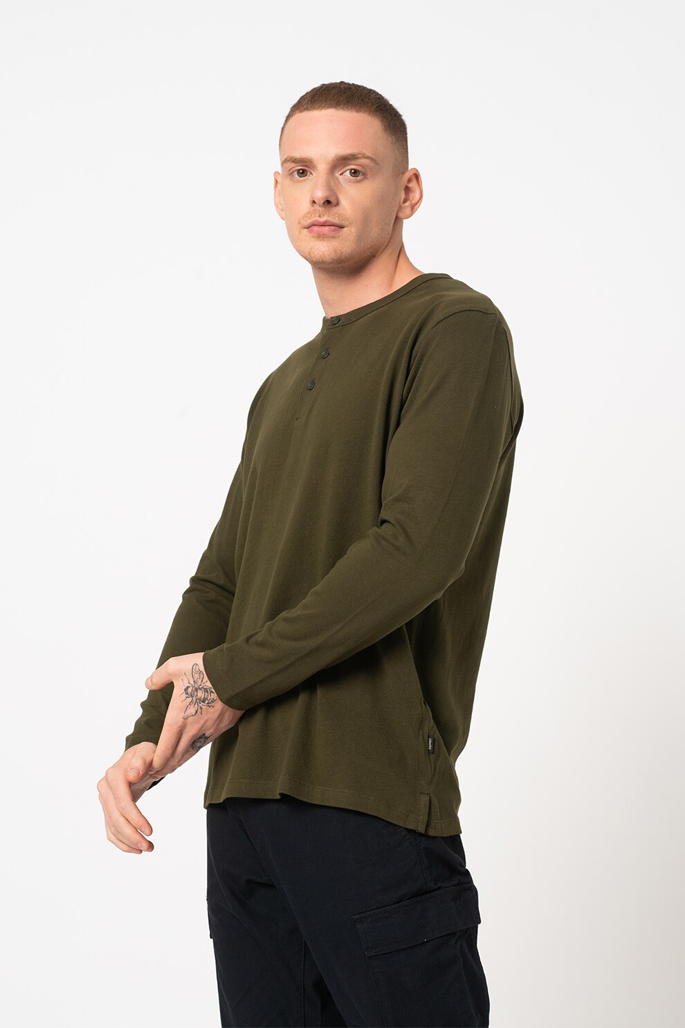 Esprit, Bluza de bumbac organic cu fenta cu nasturi, Verde forest