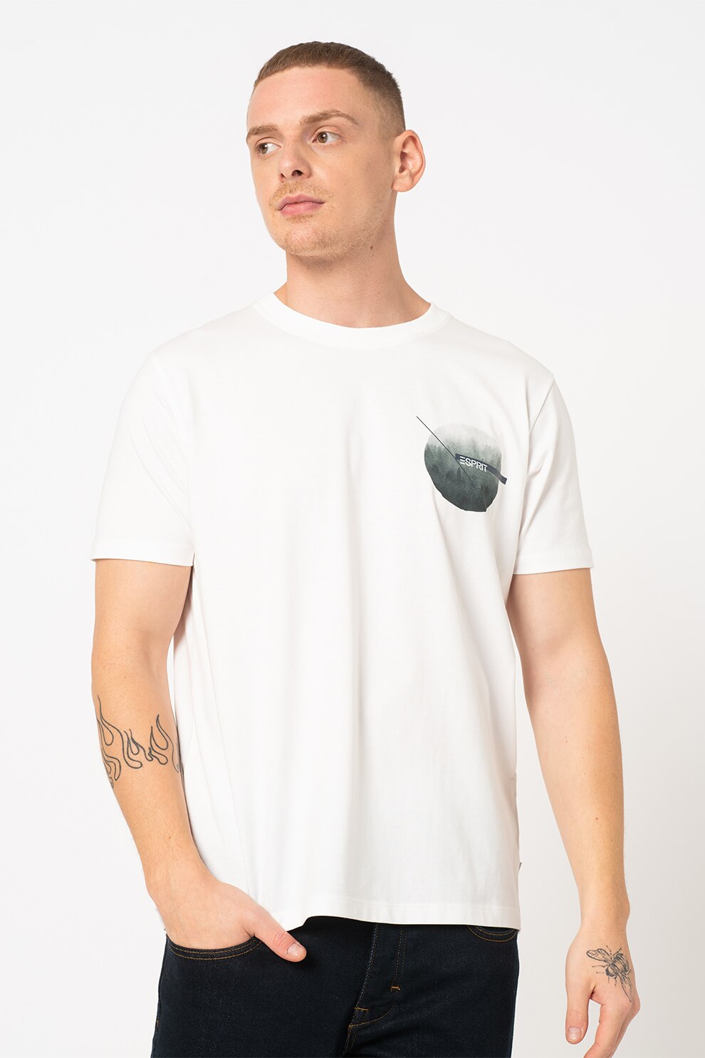 Esprit,Tricou de bumbac organic cu imprimeu text, Alb