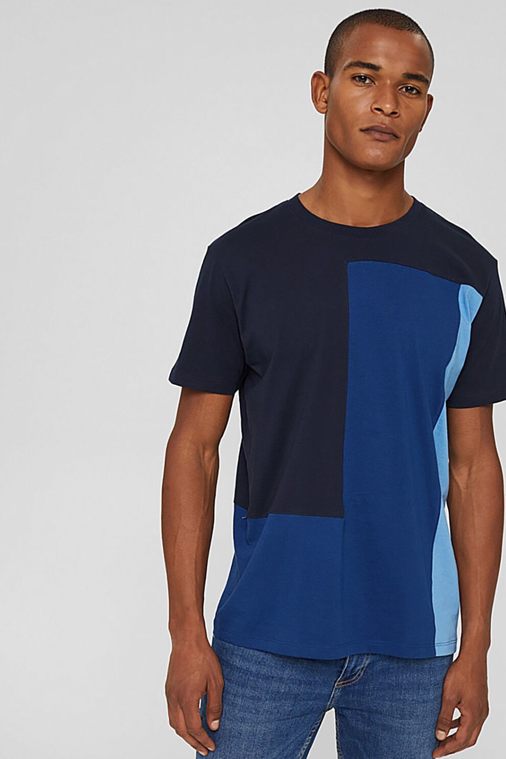 EDC by Esprit, Tricou de bumbac organic cu model colorblock, Negru/ Albastru inchis, S