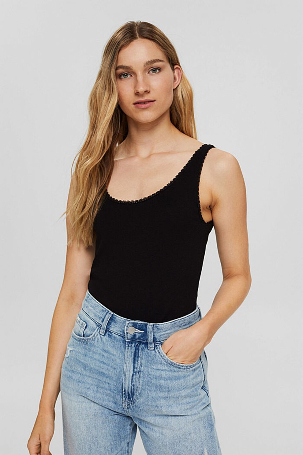 EDC by Esprit, Top de bumbac organic cu decolteu rotund, Negru