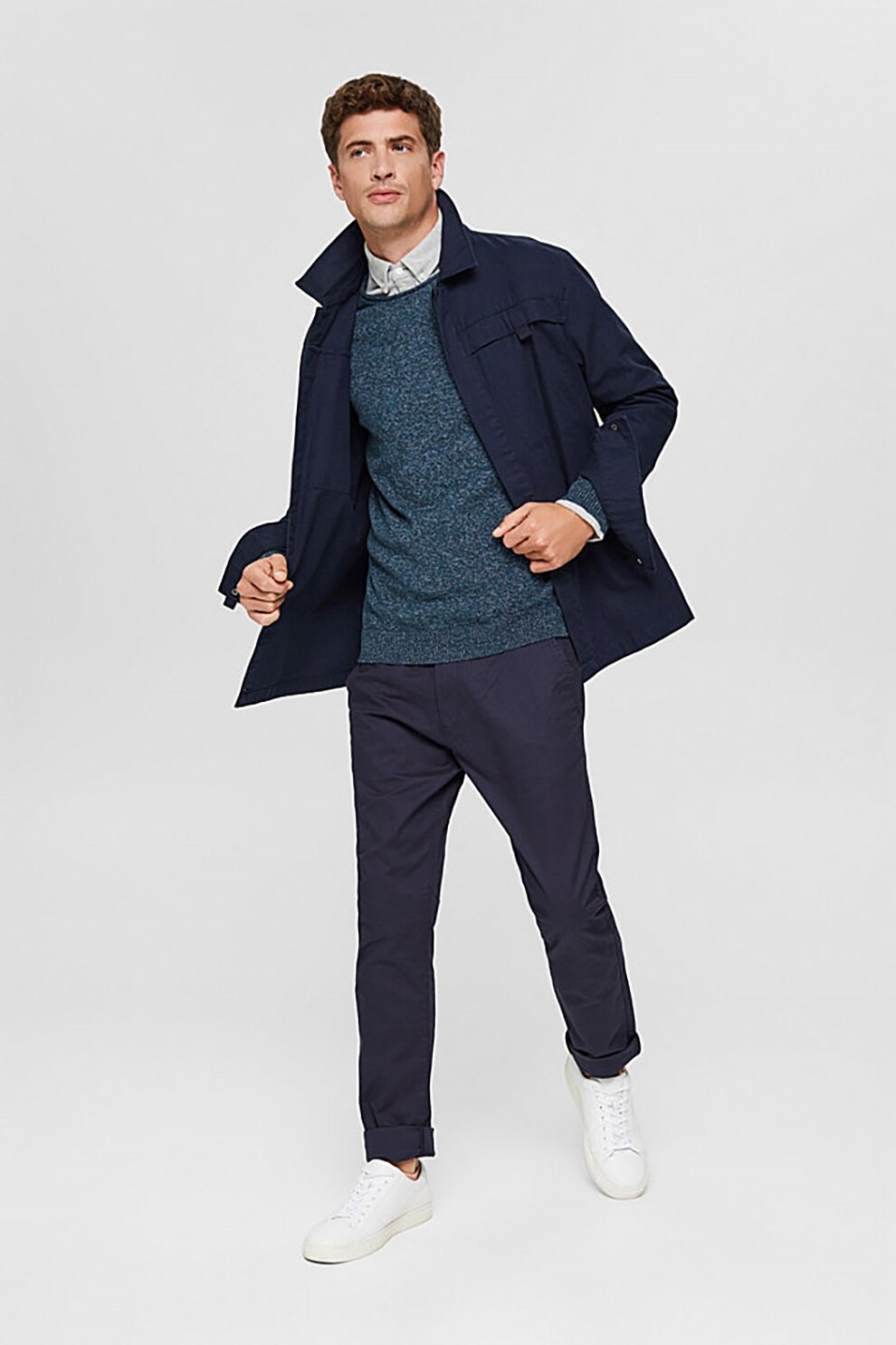 Esprit, Pulover de bumbac organic cu terminatii striate, Bleumarin