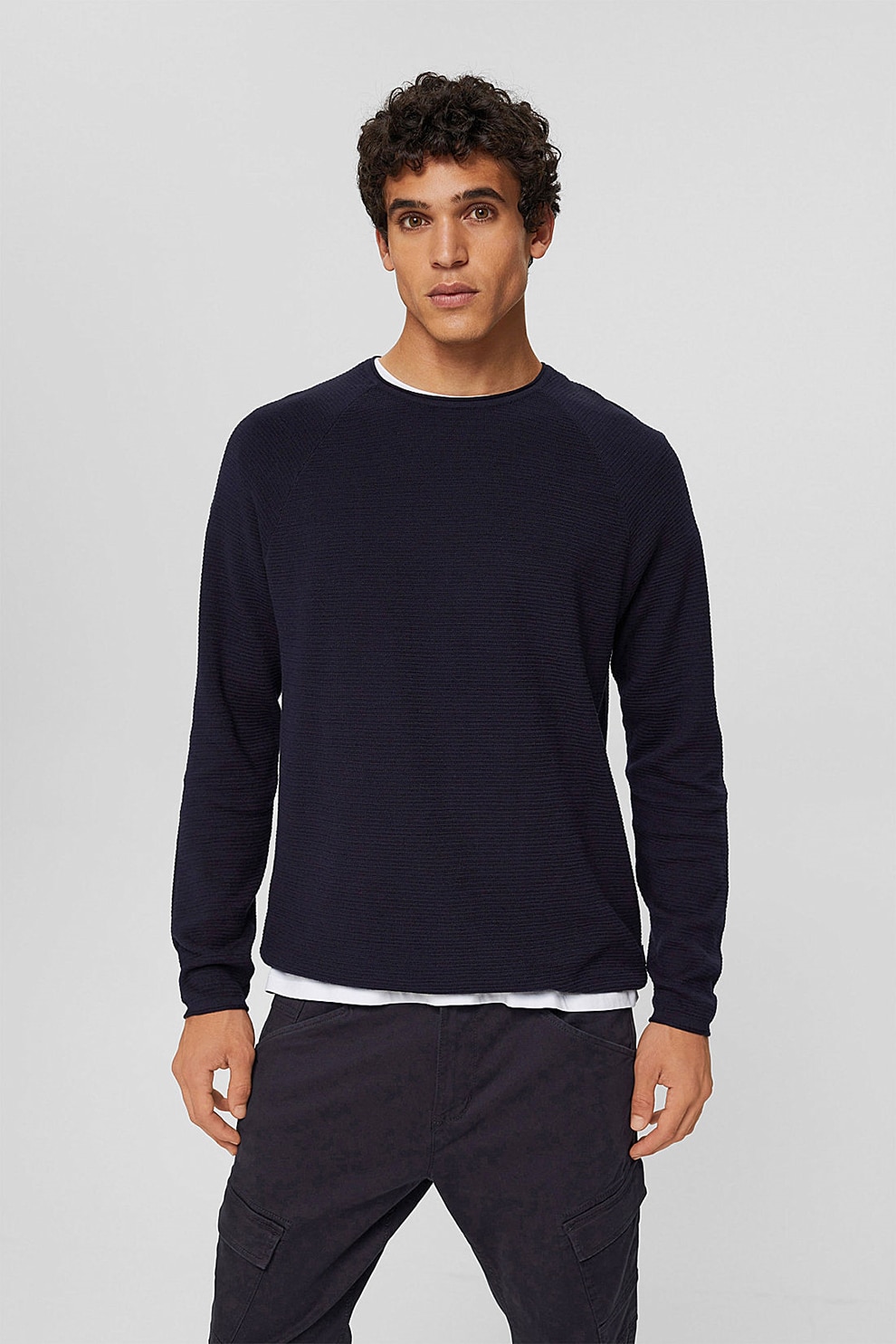 EDC by Esprit, Pulover texturat de bumbac organic, Bleumarin