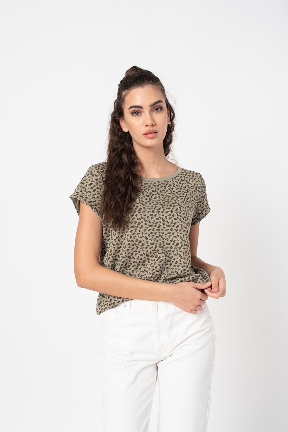 EDC by Esprit, Tricou de bumbac organic cu model, Verde oliv