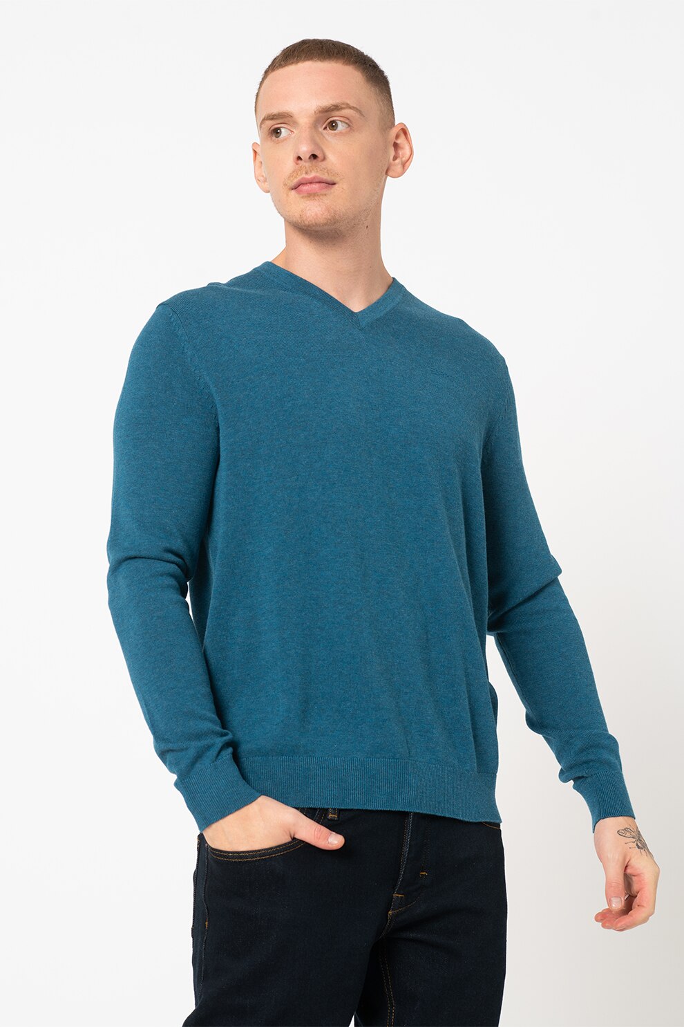 Esprit, Pulover regular fit cu decolteu in V, Albastru petrol