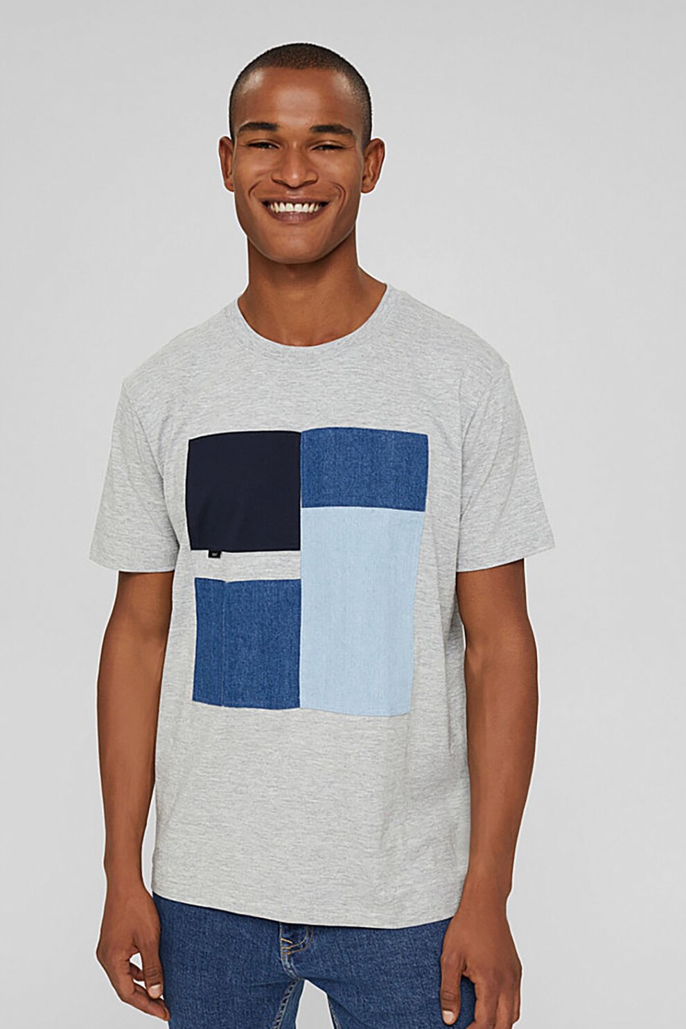 EDC by Esprit, Tricou cu aplicatii din denim, Gri melange/Albastru