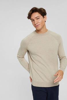 EDC by Esprit, Pulover din bumbac organic cu decolteu la baza gatului, Maro deschis melange, M EDC by Esprit, Pulover din bumbac organic cu decolteu la baza gatului, Maro deschis melange, M