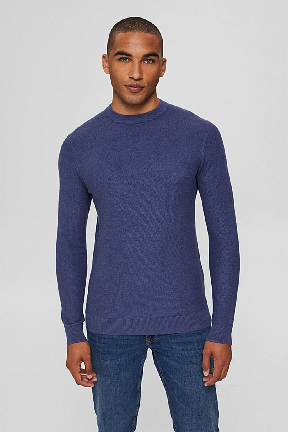 EDC by Esprit, Pulover de bumbac organic cu decolteu la baza gatului, Albastru inchis, XL