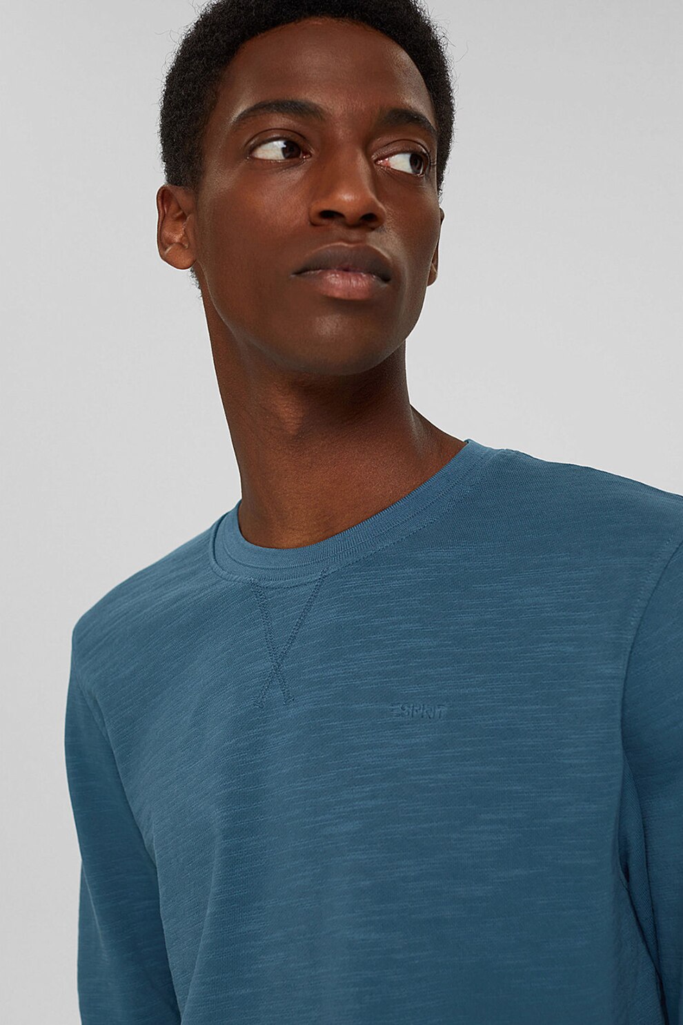 Esprit, Bluza sport din bumbac organic cu decolteu la baza gatului, Albastru petrol