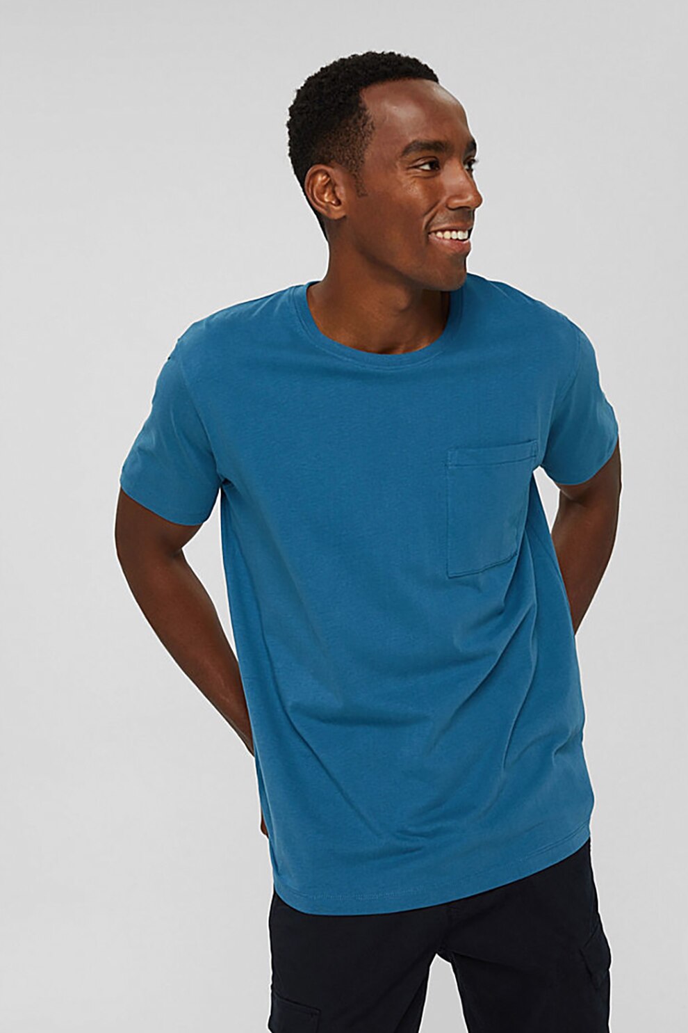 Esprit, Tricou de bumbac organic cu buzunar pe piept, Albastru petrol