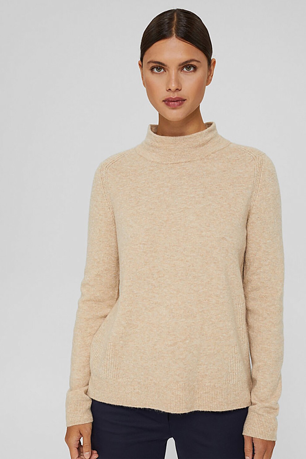 Esprit, Pulover din amestec de lana cu guler scurt, Maro nisip