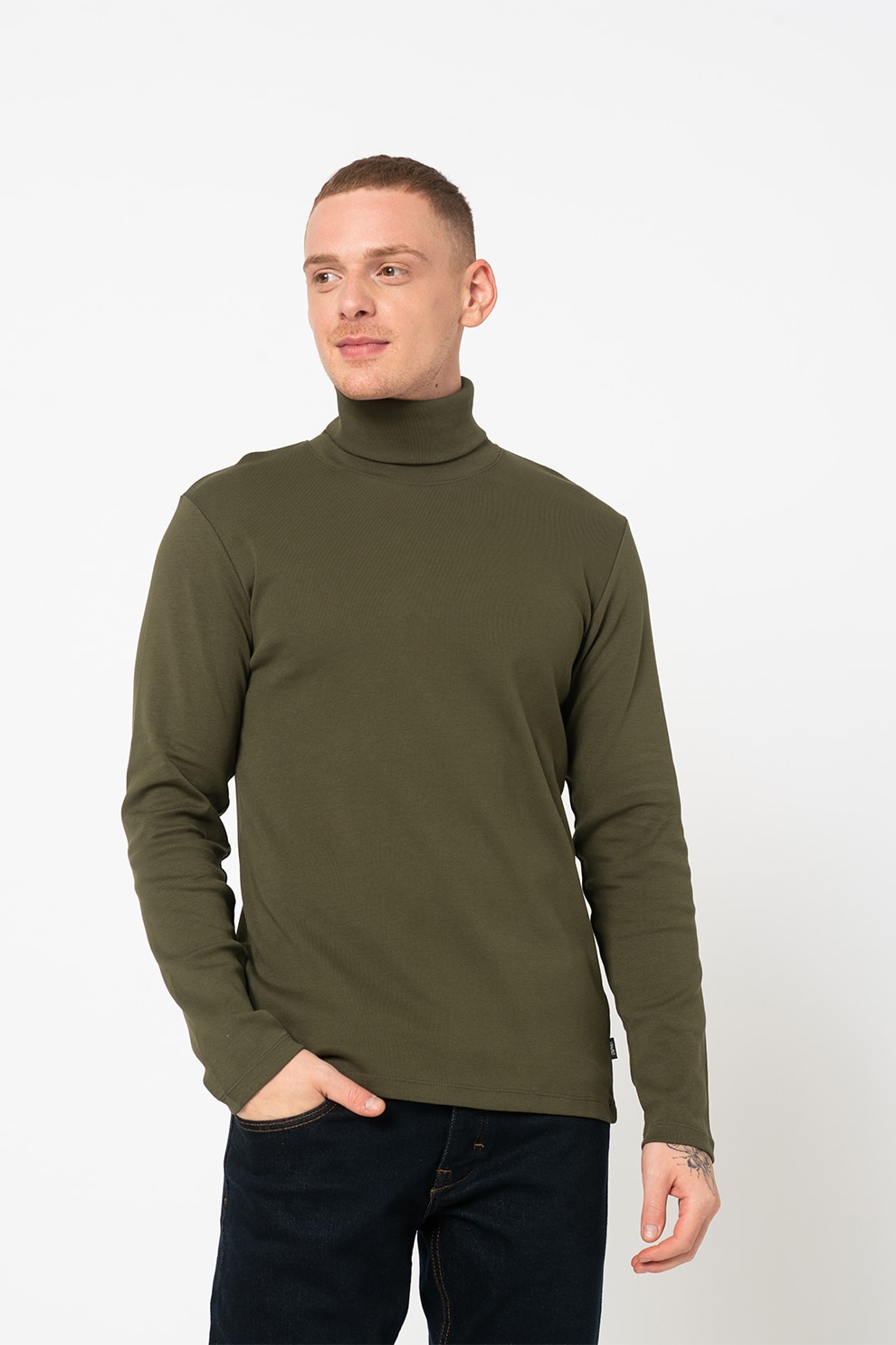 Esprit, Pulover din bumbac organic cu guler inalt, Verde forest, 2XL