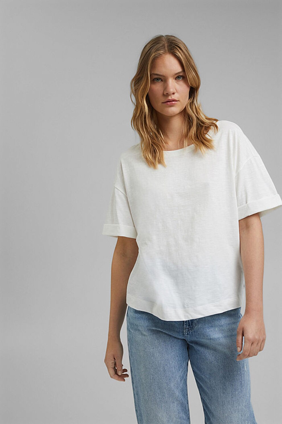 EDC by Esprit, Tricou de bumbac organic cu maneci cazute, Alb