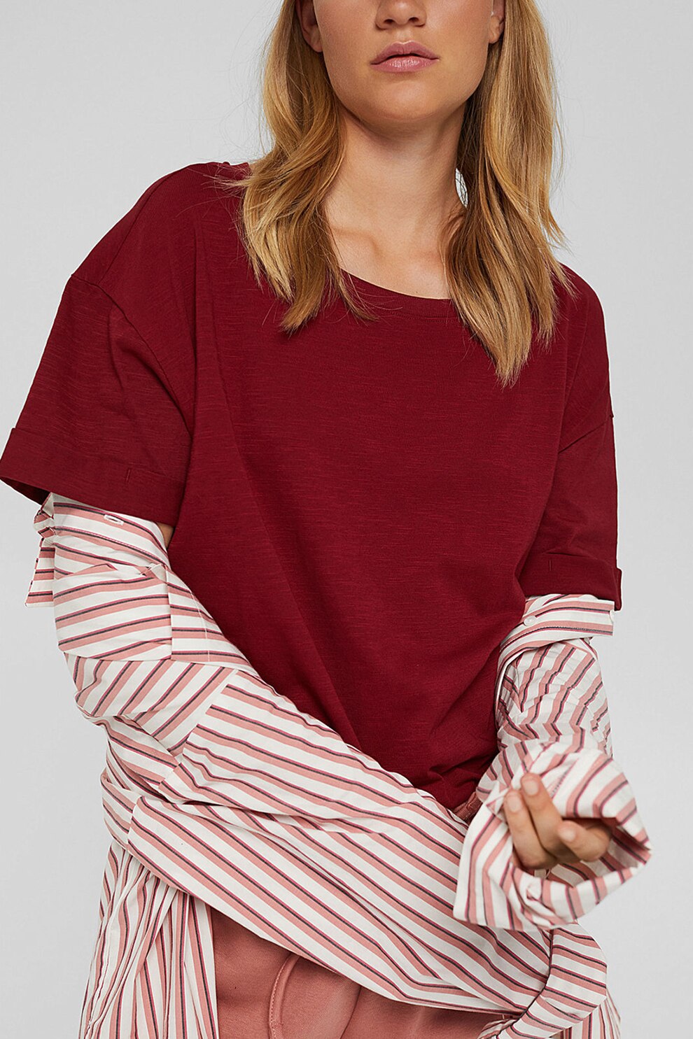 EDC by Esprit, Tricou de bumbac organic cu maneci cazute, Rosu inchis