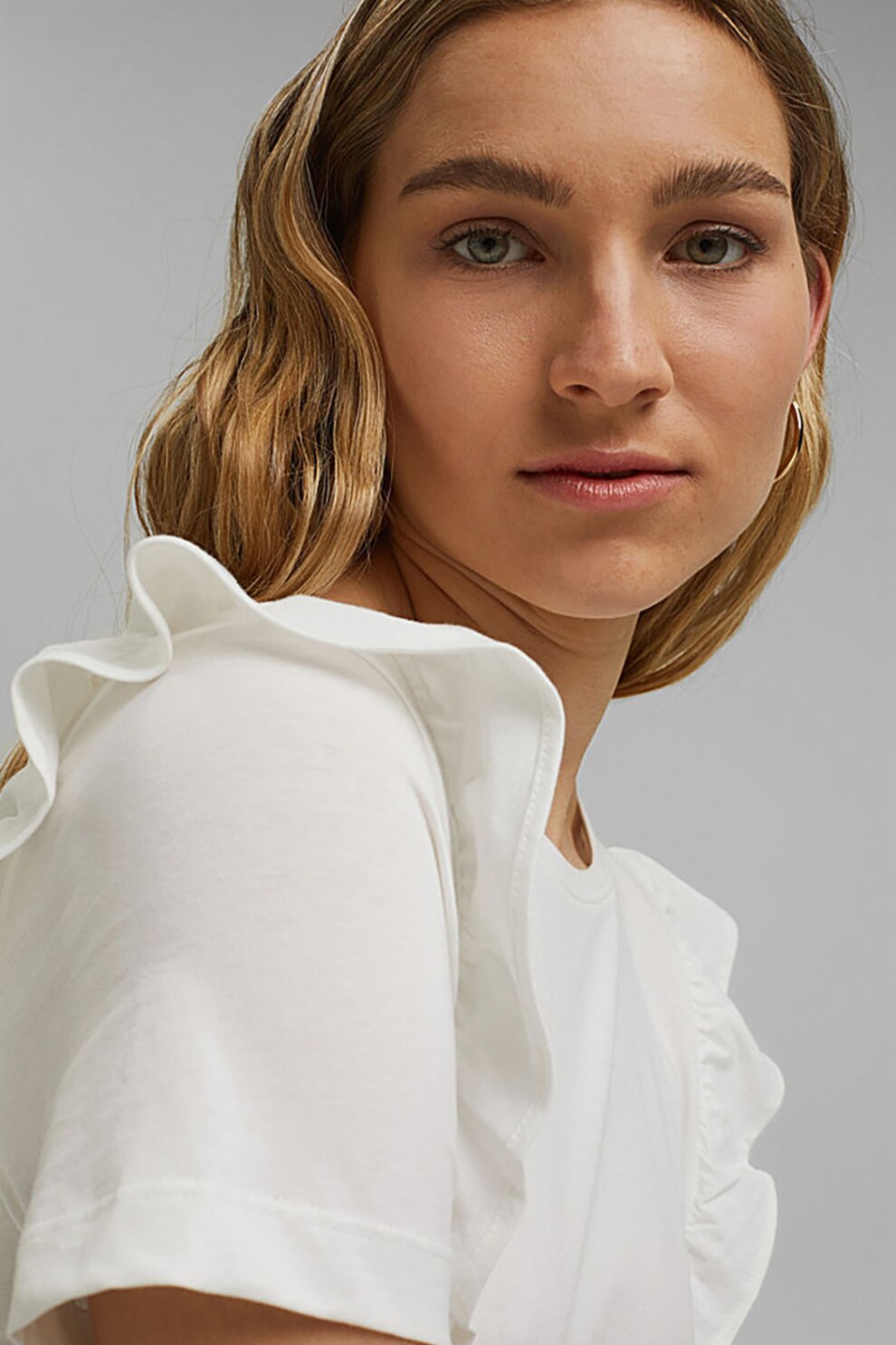 EDC by Esprit, Tricou de bumbac organic cu volane, Alb