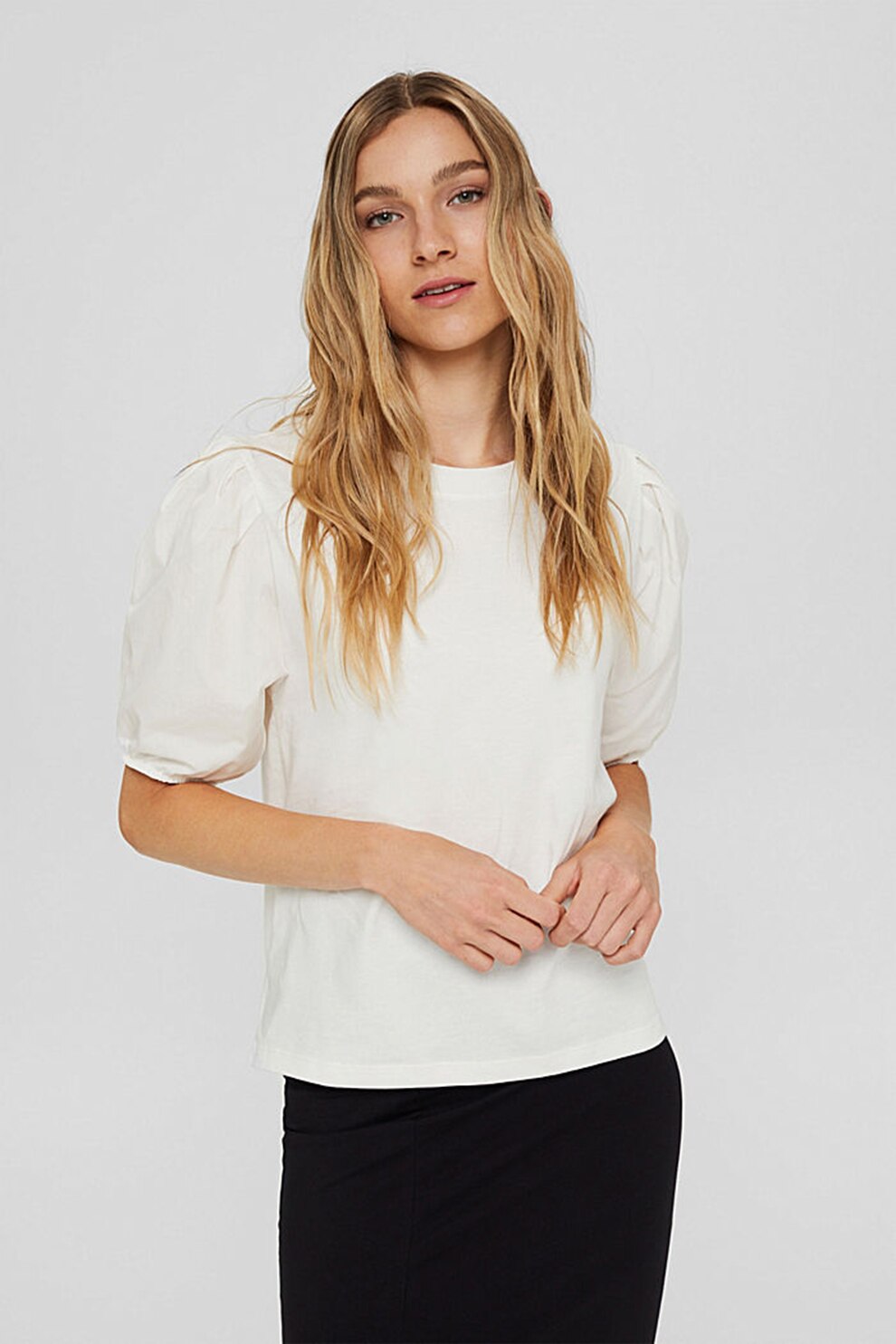 EDC by Esprit, Tricou de bumbac organic cu maneci bufante, Alb prafuit