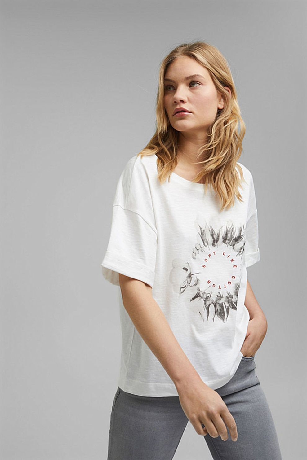 EDC by Esprit, Tricou de bumbac organic cu text brodat, Alb