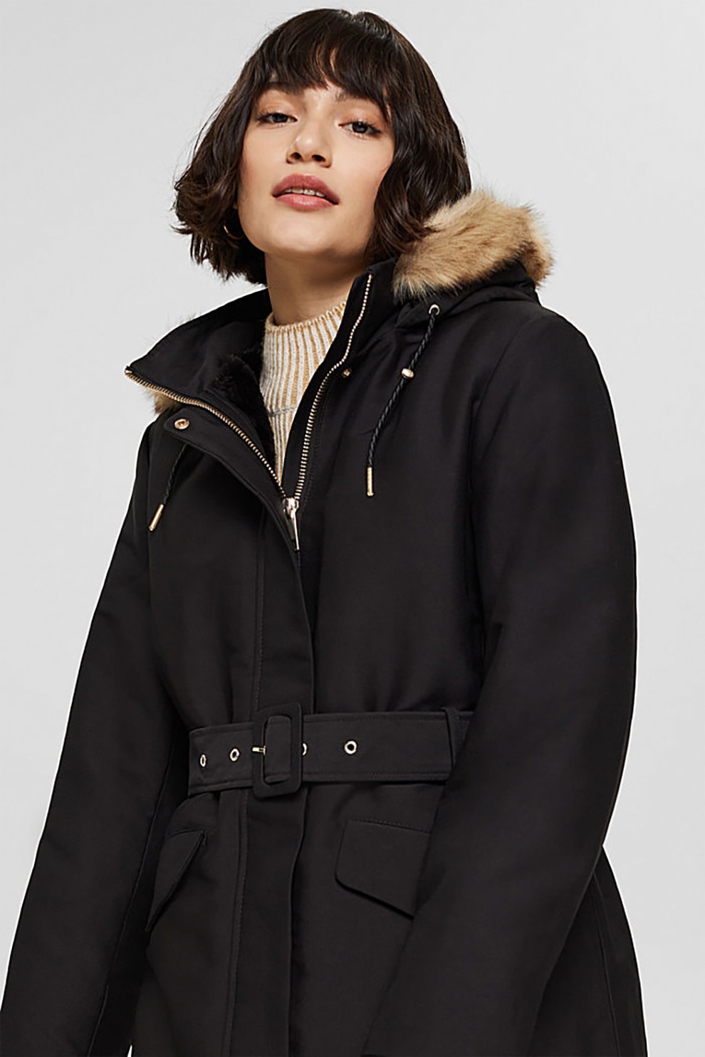 Esprit, Jacheta parka cu vatelina si curea, Negru