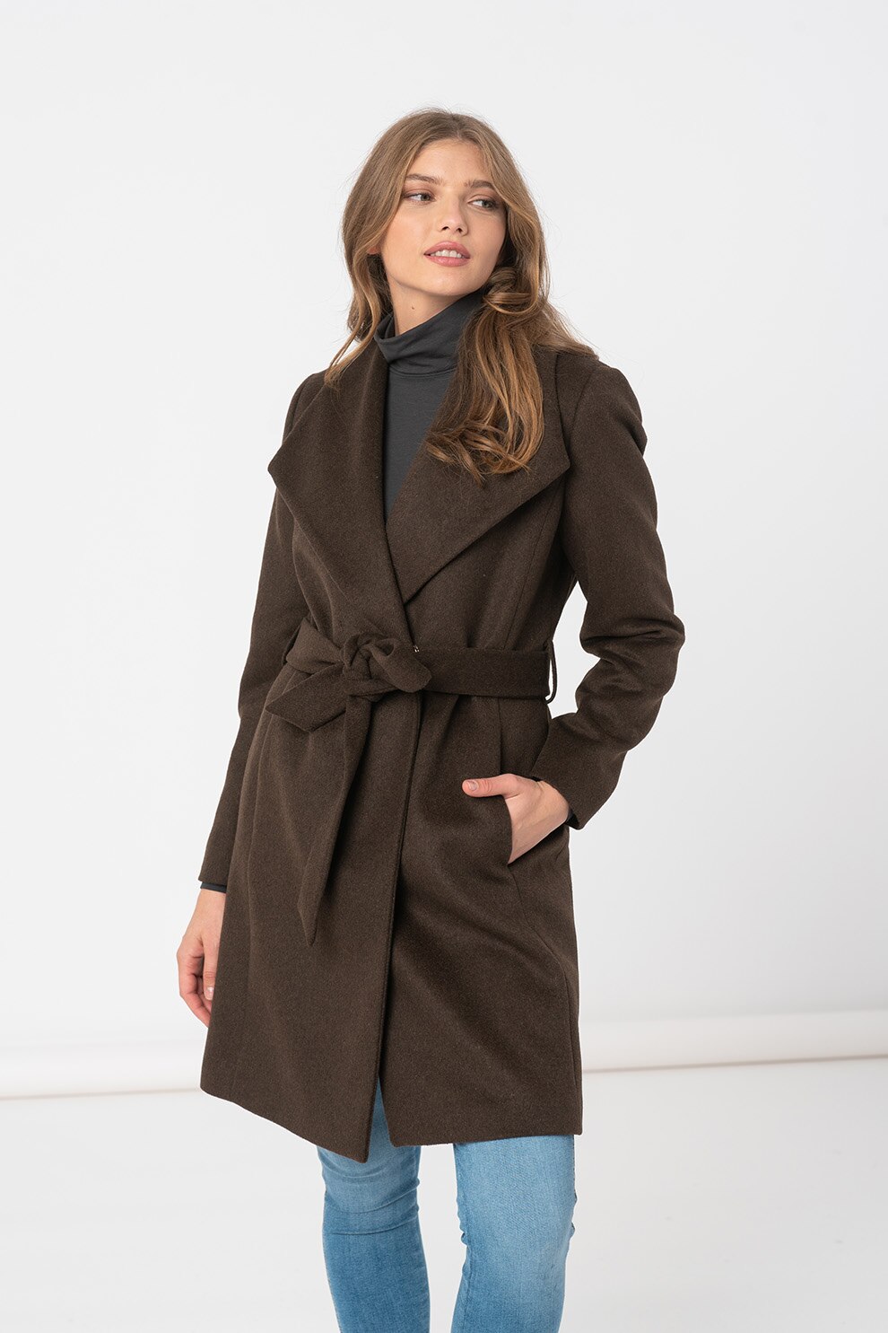 Esprit, Haina din amestec de lana cu un cordon in talie, Maro inchis, M