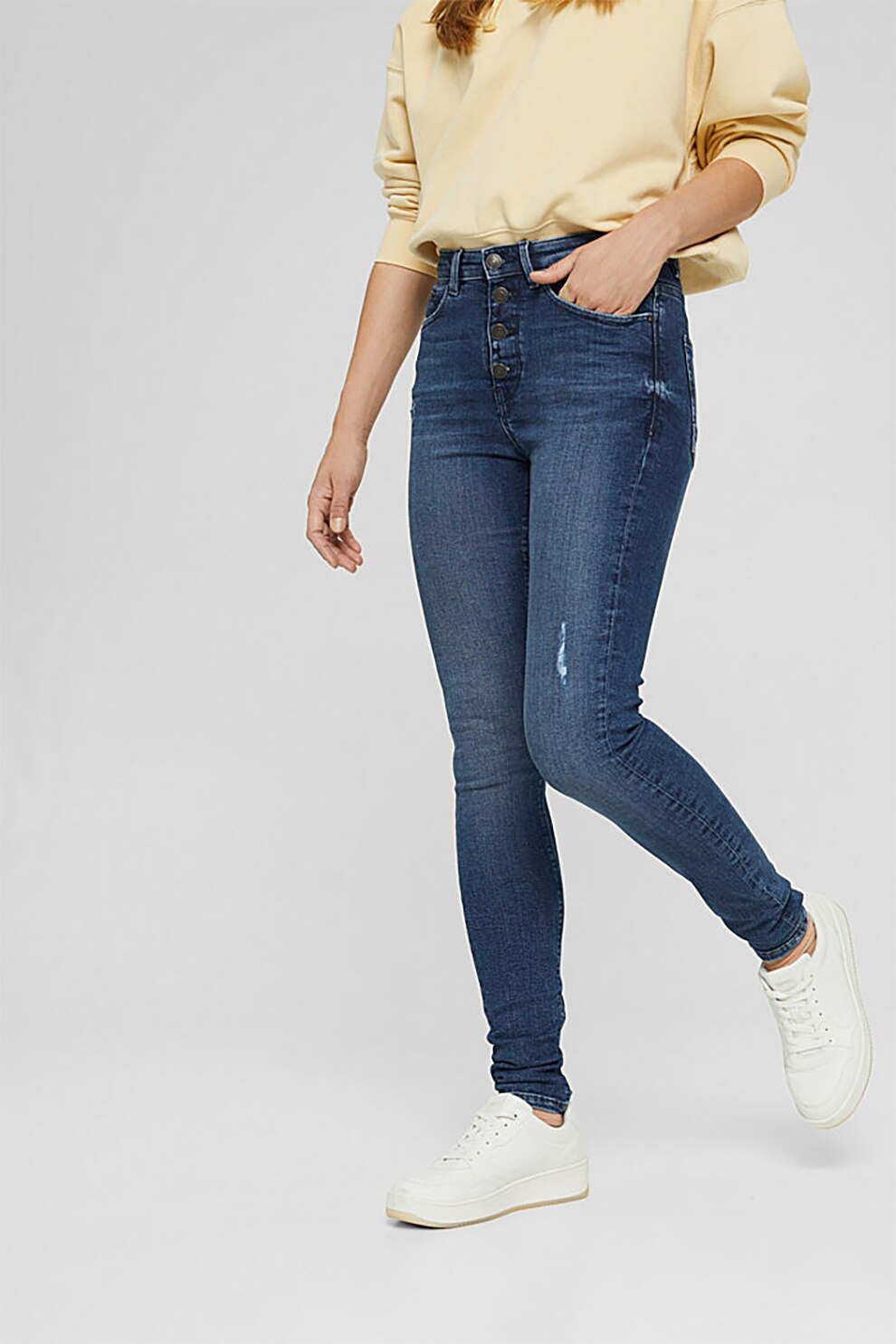Esprit, Blugi skinny cu talie inalta, Albastru inchis