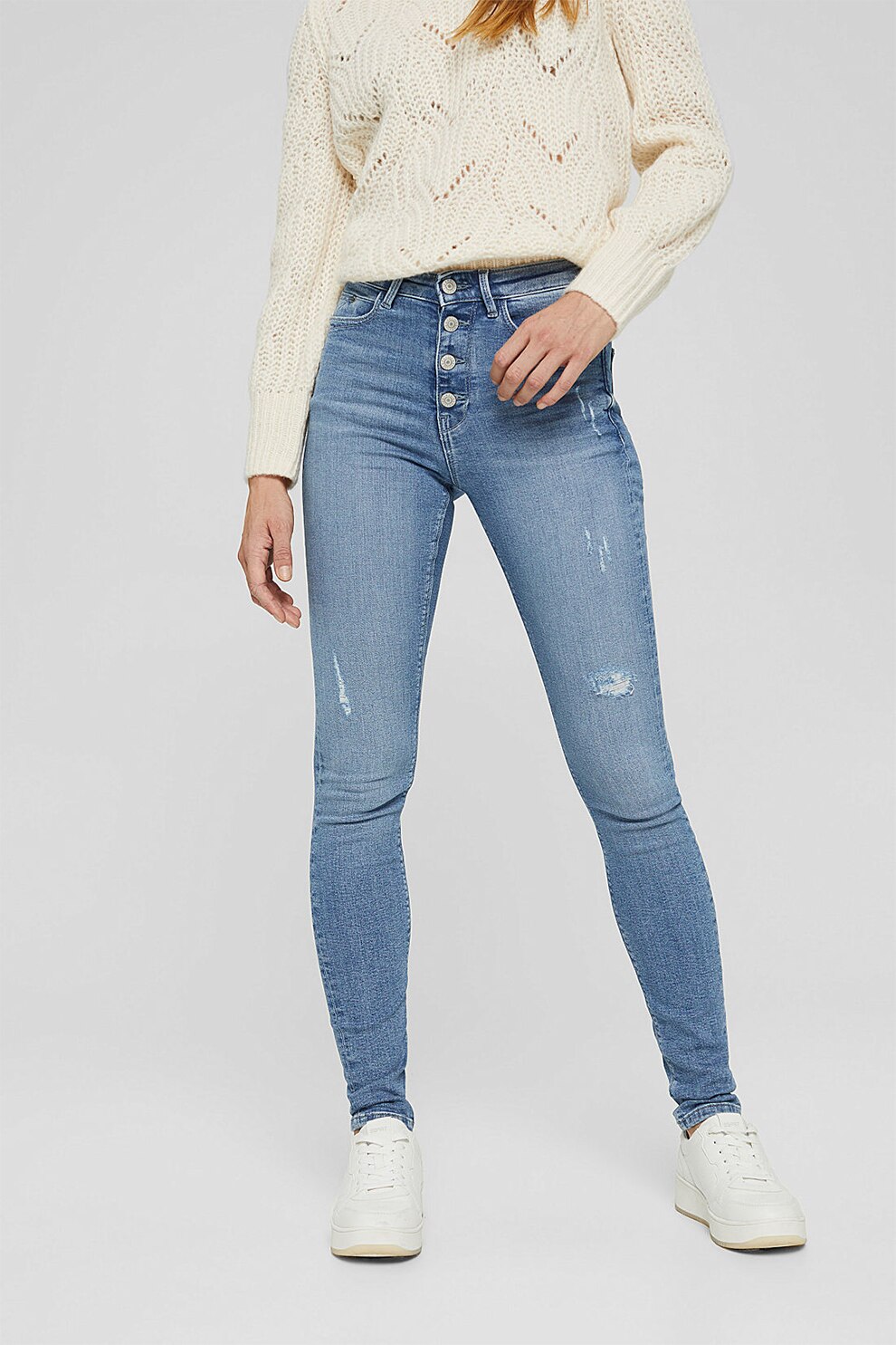 Esprit, Blugi skinny cu talie inalta, Albastru deschis