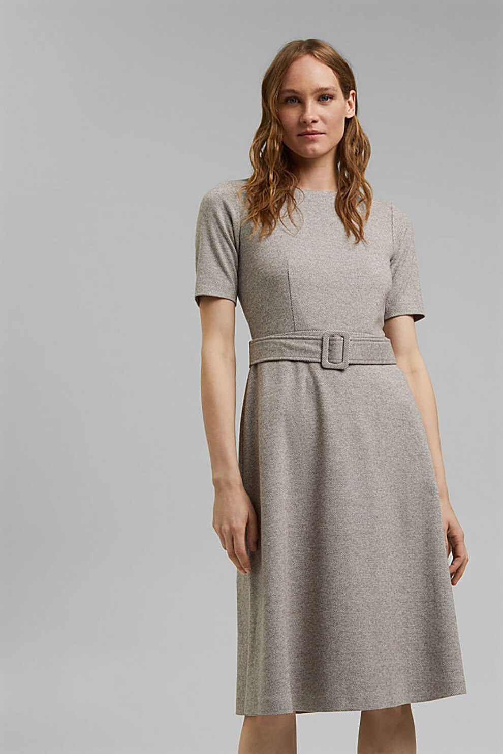 Esprit, Rochie midi evazata cu o curea detasabila, Grej