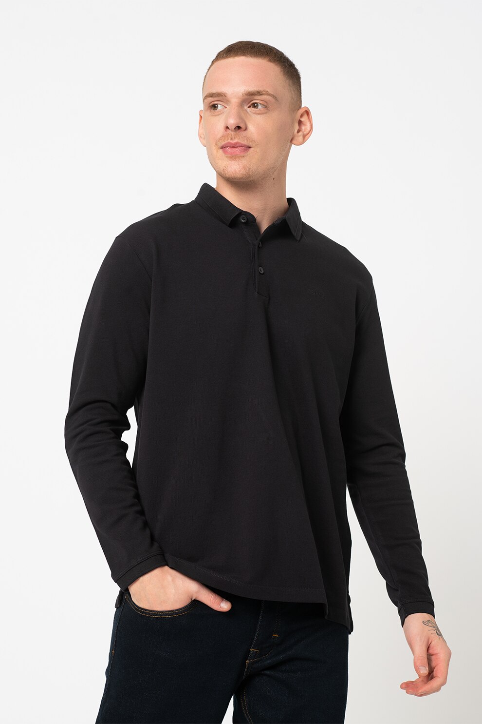 Esprit, Bluza polo de bumbac organic cu logo, Negru