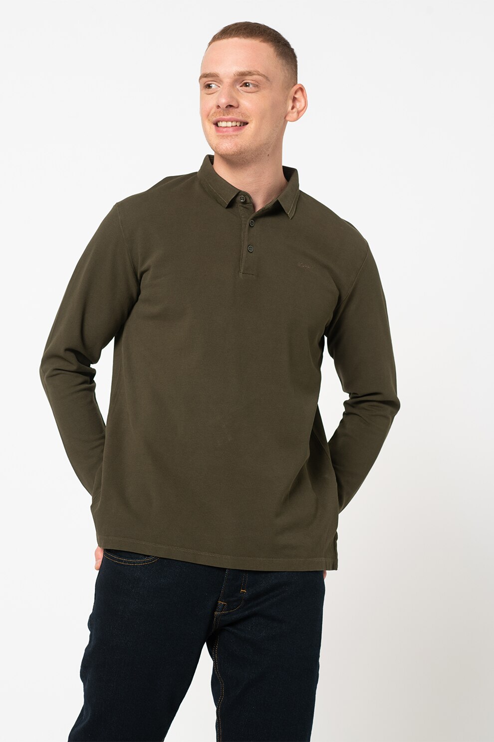 Esprit, Bluza polo de bumbac organic cu logo, Verde forest
