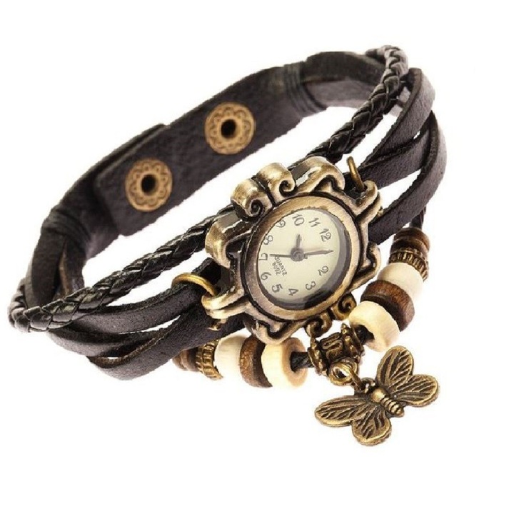 Karkötős női karóra pillangó medállal, barna színű szíjjal