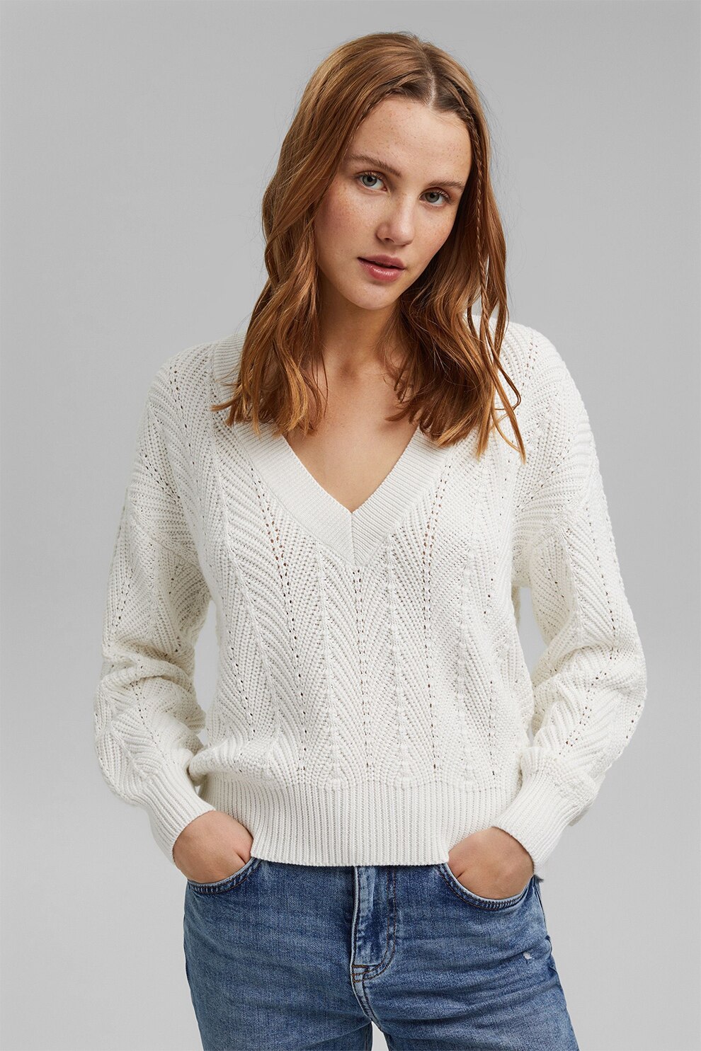 EDC by Esprit, Pulover texturat cu decolteu in V, Alb prafuit