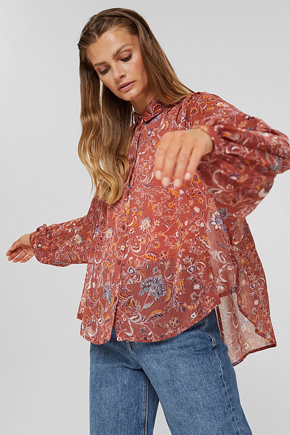 Esprit, Camasa de sifon cu model floral, Rosu stins