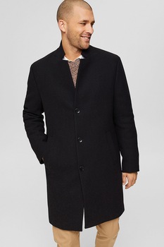 Esprit - Gyapjútartalmú kabát oldalzsebekkel, Fekete