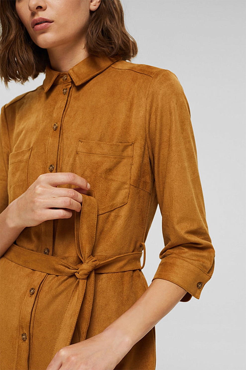 Esprit, Rochie-camasa cu maneci trei sferturi si cordon in talie, Maro caramel