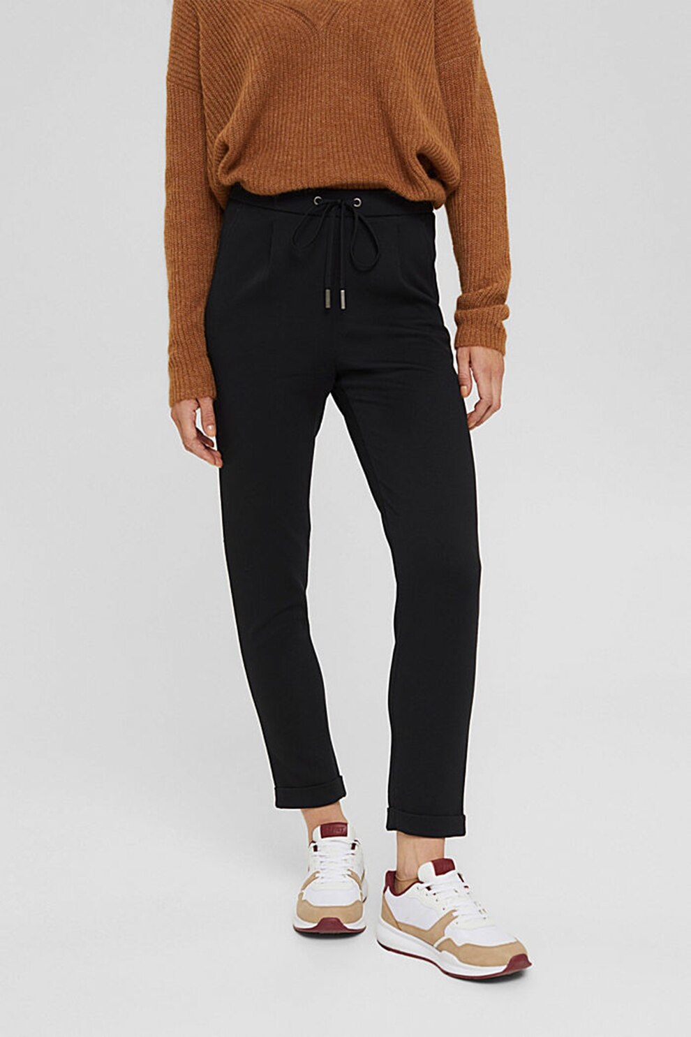 Esprit, Pantaloni jogger crop cu snur, Negru