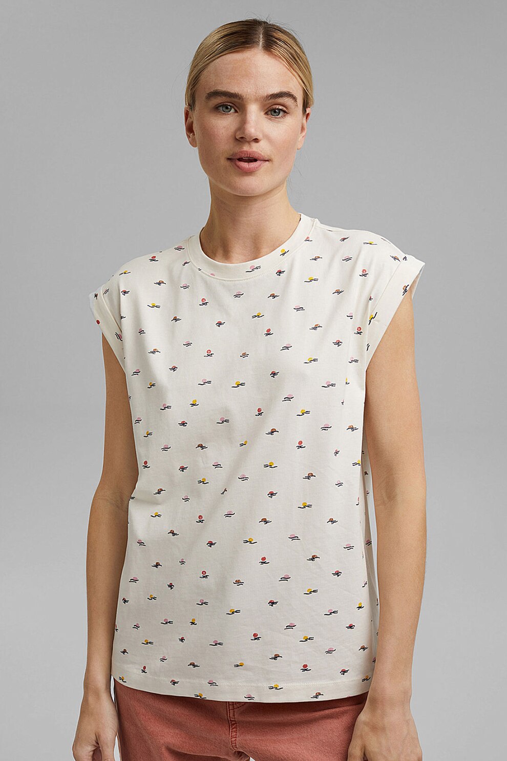 Esprit, Tricou de bumbac organic cu decolteu la baza gatului, Alb prafuit