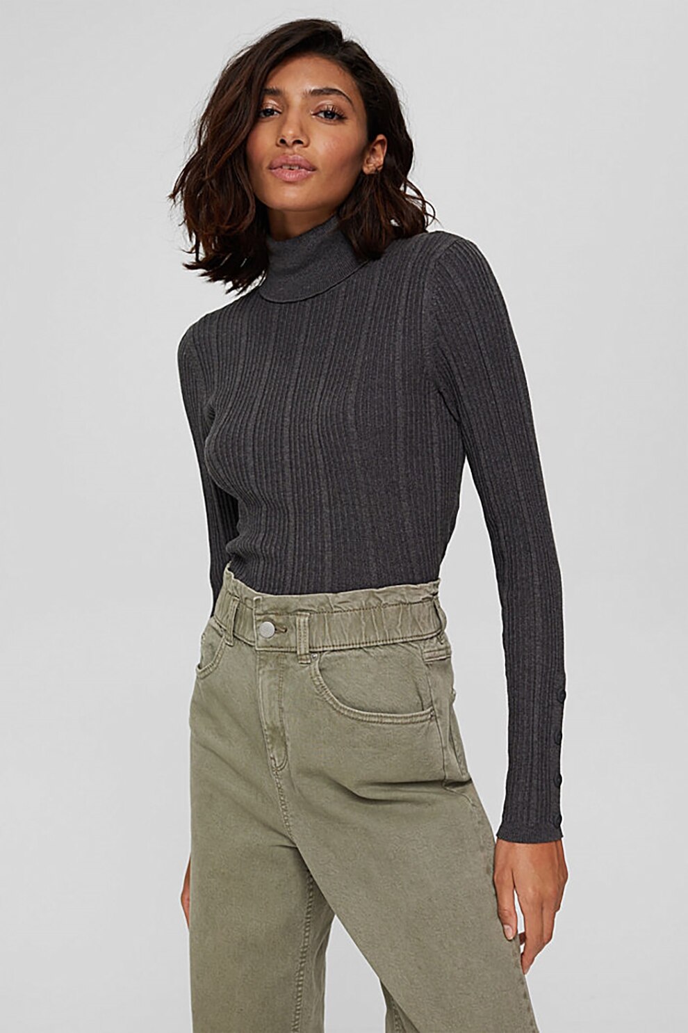 EDC by Esprit, Pulover cu guler inalt si aspect striat, Gri antracit, L