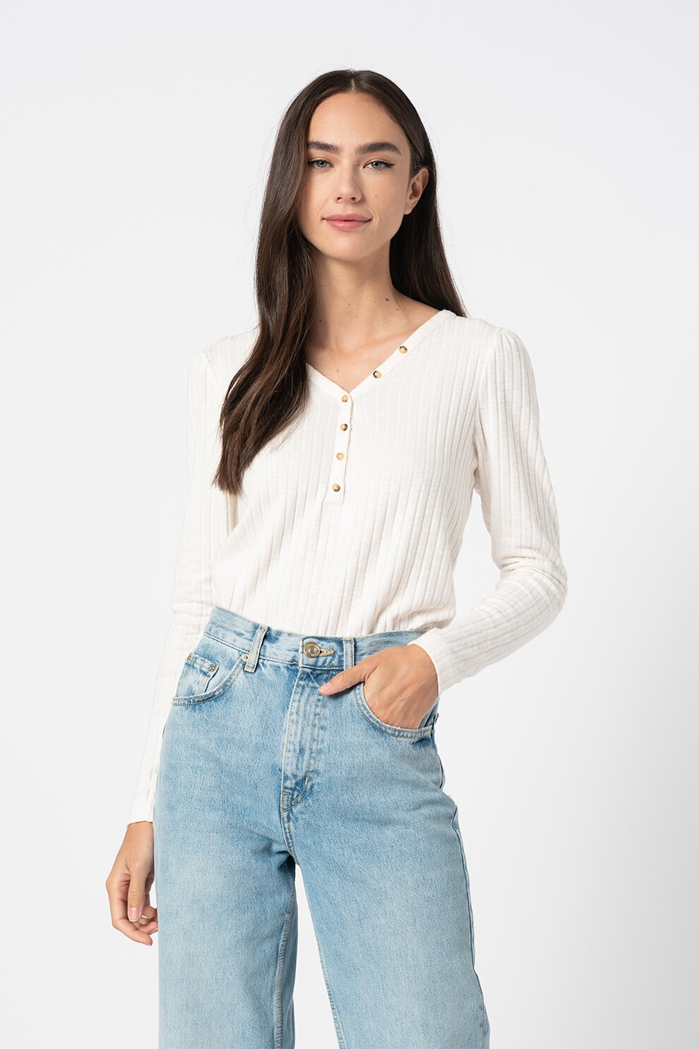 Esprit, Bluza cu decolteu in V si nasturi decorativi, Alb