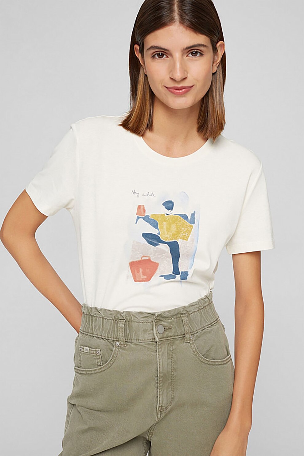 Esprit, Tricou de bumbac organic cu imprimeu grafic, Alb prafuit