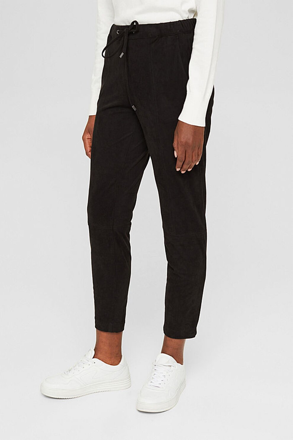 Esprit, Pantaloni crop cu talie medie si snur, Negru